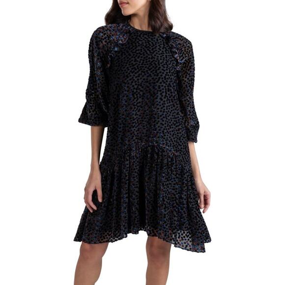 Anthropologie Dresses & Skirts - Anthropologie Dress Shoshanna Henley Flocked Dot Jet Mocha Navy Velvet Chiffon 8
